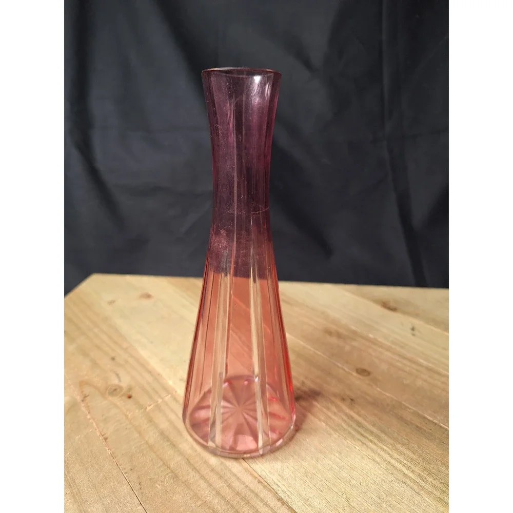 Vintage Western Germany Cranberry Pink Cut Glass Bud Vase 7 Inch Mid Century